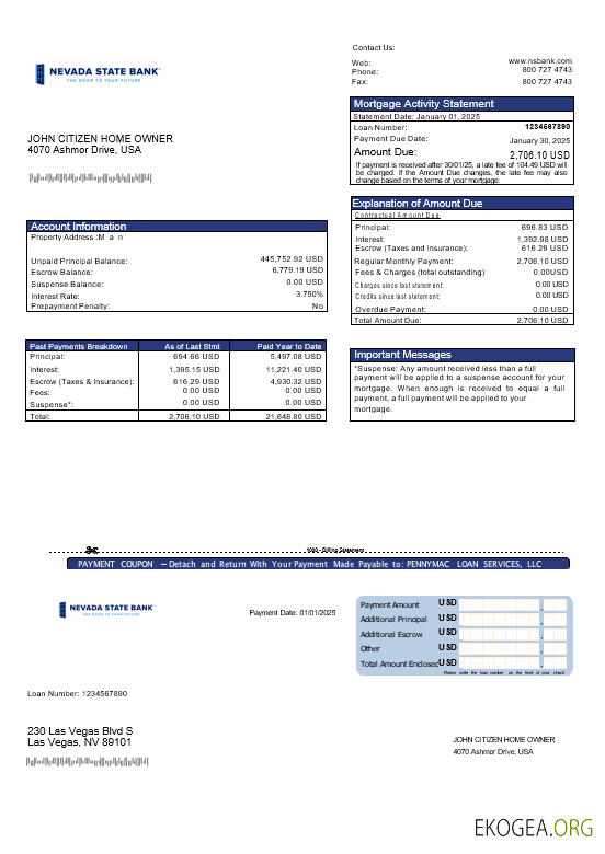 Relevé hypothécaire de la Nevada State Bank aux formats Word et PDF